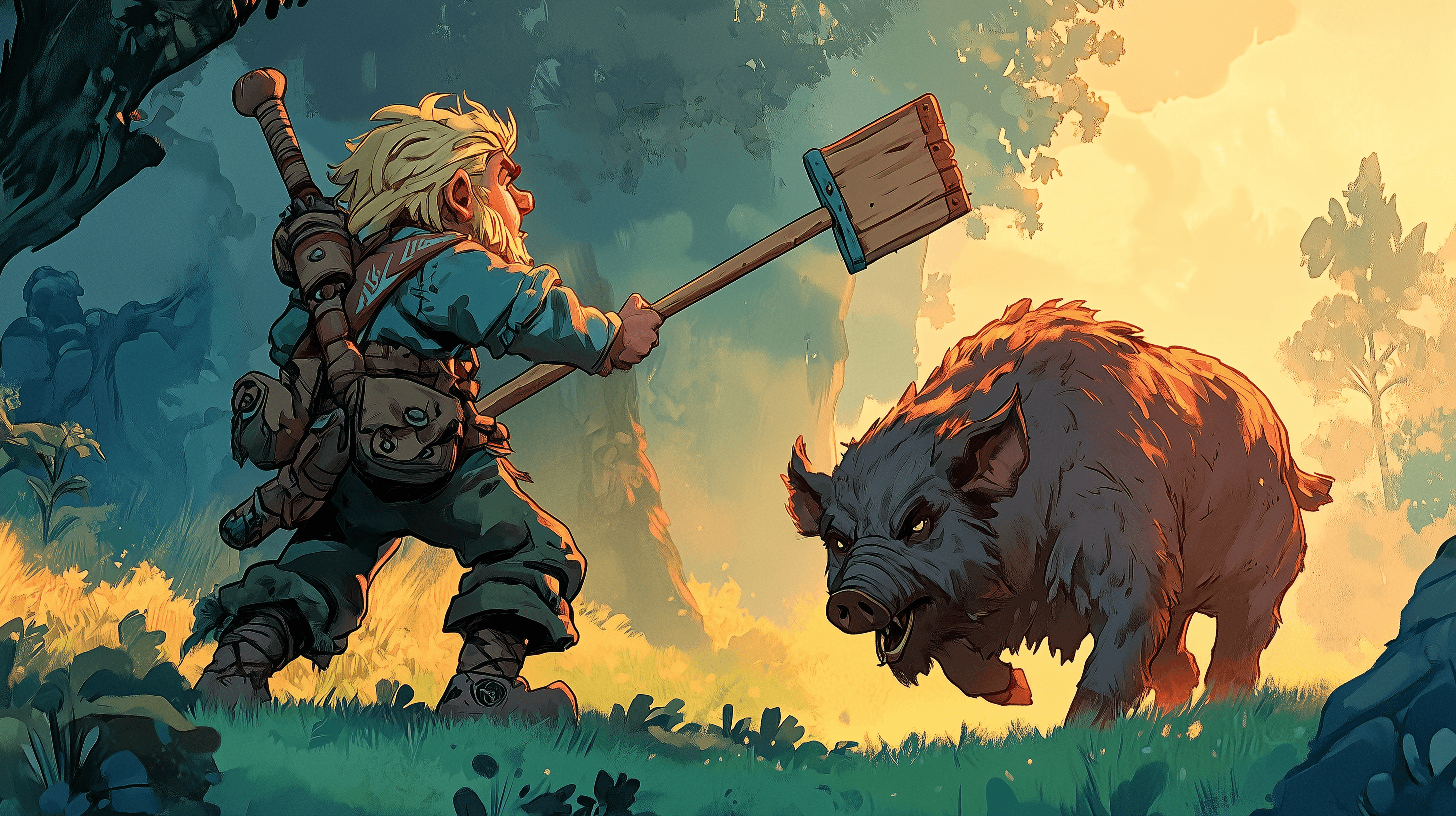 A young dwarf wielding a mop like a spear facing off against a massive wild boar on a grassy hillside